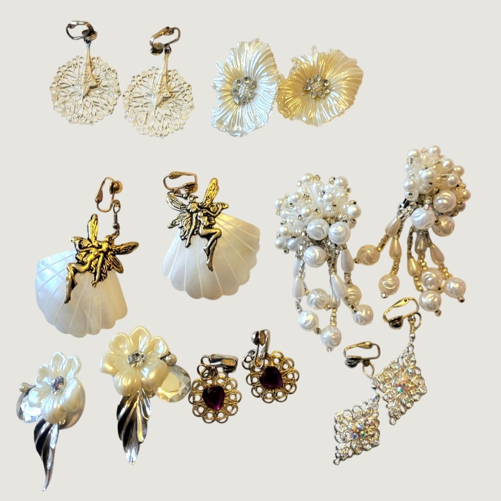 Vintage Clip On Earrings Lot of 7 pair Fairycore Faux Pearl Shell Floral Multi‎